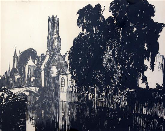 Sir Frank Brangwyn (1864-1956) The Belfry, Bruges, 14.5 x 19in.